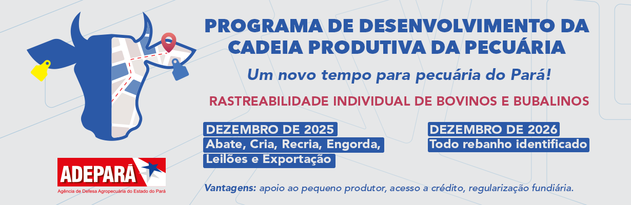 Banner contendo, ao centro, a frase: Programa de Desenvolvimento da Cadeia da Pecuária - Um novo tempo para a pecuária do Pará. Do lado esquerdo, a logomarca que é a face de um boi com brincos nas orelhas.